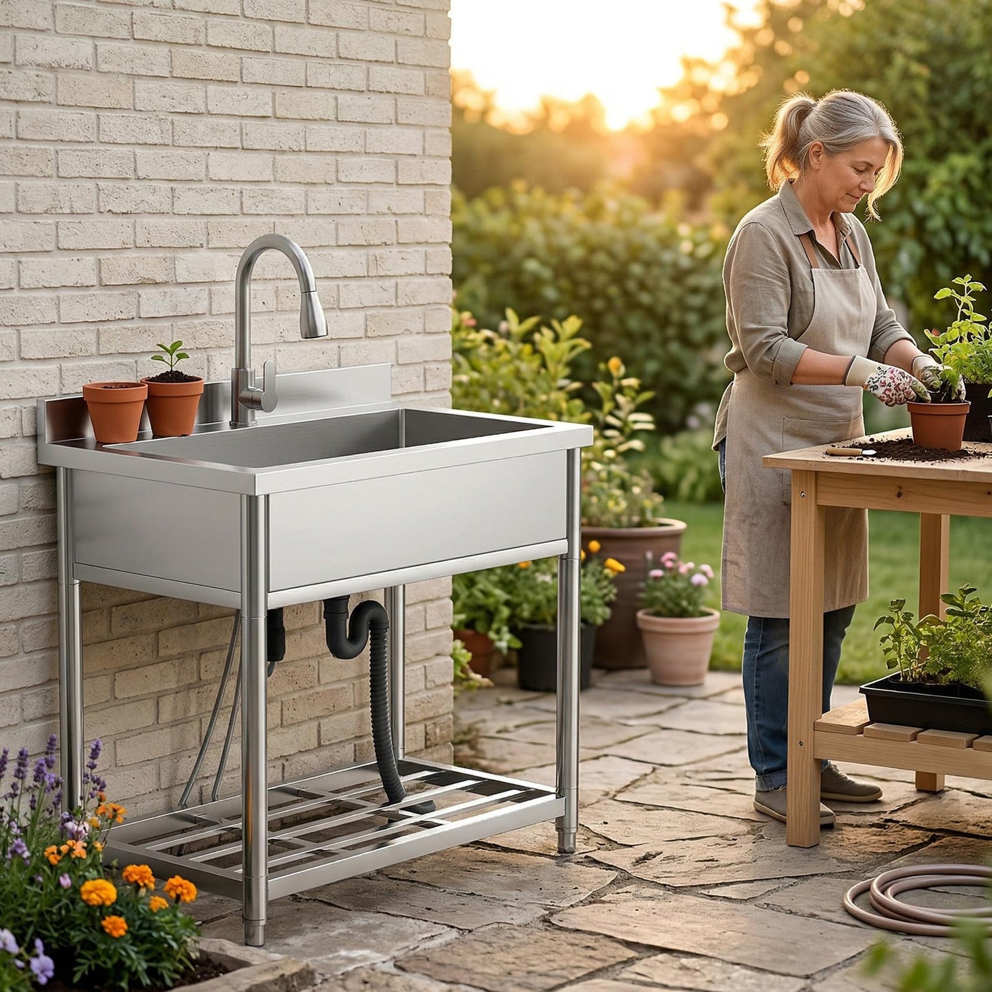 GGW Stainless Steel Large Utility Sink Single Bowl, Freestanding Laundry Sink with Pull-Out Faucet, Utility Sink for Laundry Room, Garage, Kitchen, Outdoor/Indoor Use, W35.4" x D22.4" x H37"