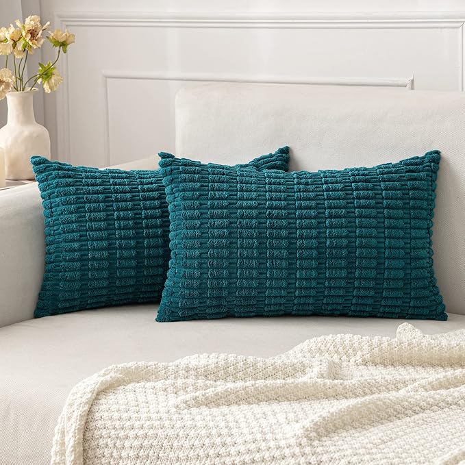 MIULEE Pack of 2 Corduroy Decorative Lumbar Throw Pillow Covers 20x12 Inch Soft Boho Striped Pillow Covers Modern Farmhouse Home Decor for Summer Coastal Sofa Living Room Couch Bed Teal