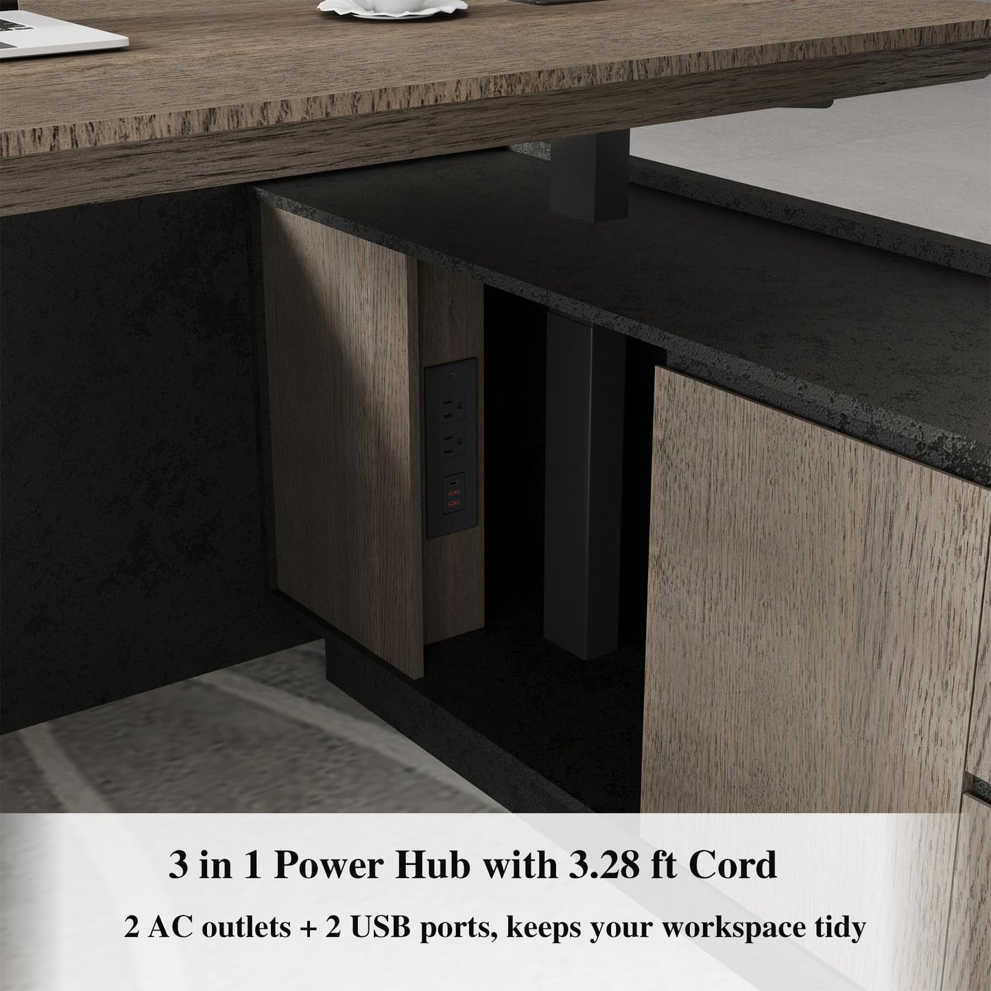 SAINTCY Adjustable Executive Desk - Luxury L Shaped Desk with Drawers, Large Table with File Cabinets, Executive Office Desks with LED Light Strip Home Office Desk for Professionals