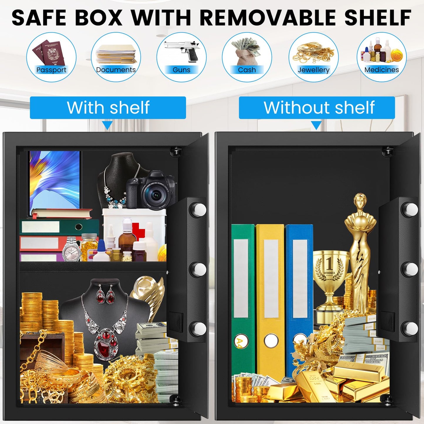 [19.7" Tall] Safe Box, 3.5 Cuft Home Safes with Fireproof Waterproof Bag, Security Digital Safe for Home with Programmable Keypad Keys, Smart Alert, Mute Mode, Anti-theft Document Safe for Valuables