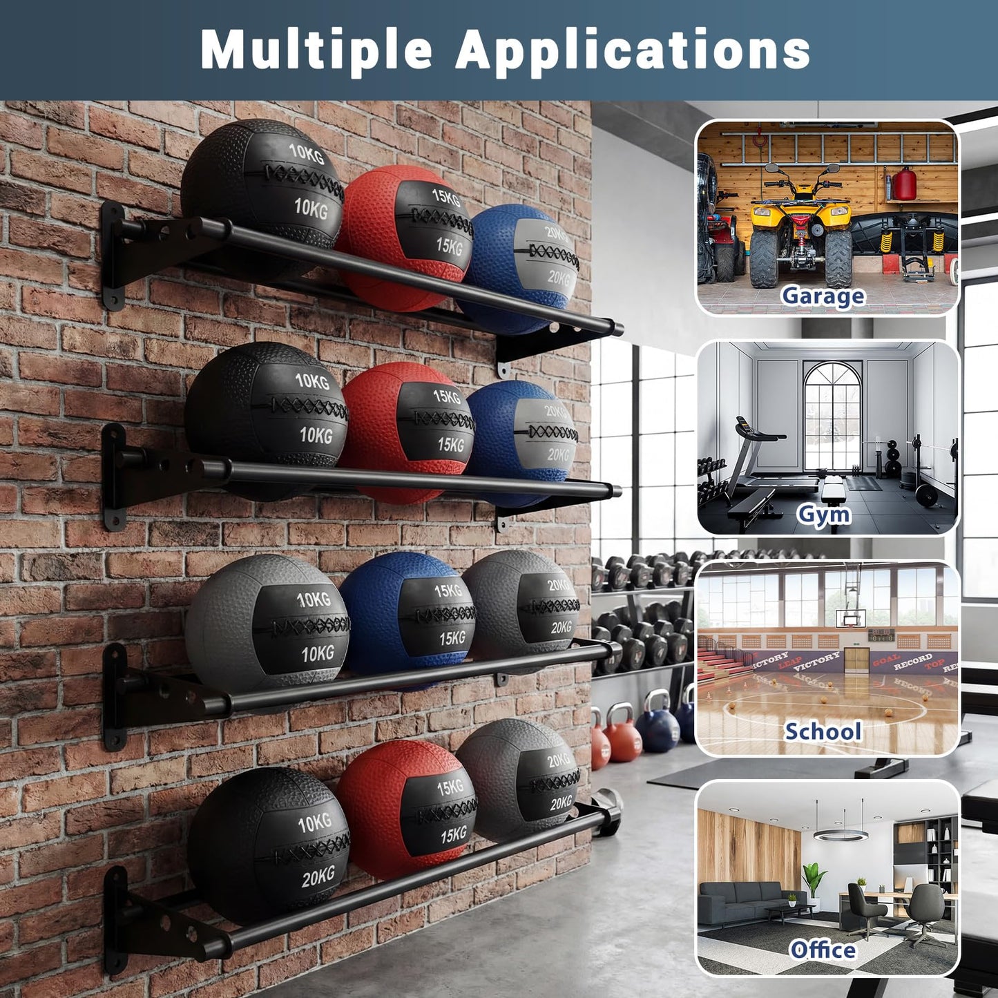 Sintuff 103 Inch Wall-mounted Adjustable Medicine Ball Storage Rack, Holds up to 6 Balls Storage Rack Basketballs, Space-saving Gym Equipment Durable Metal Organizer for Home Commercial Workout Space
