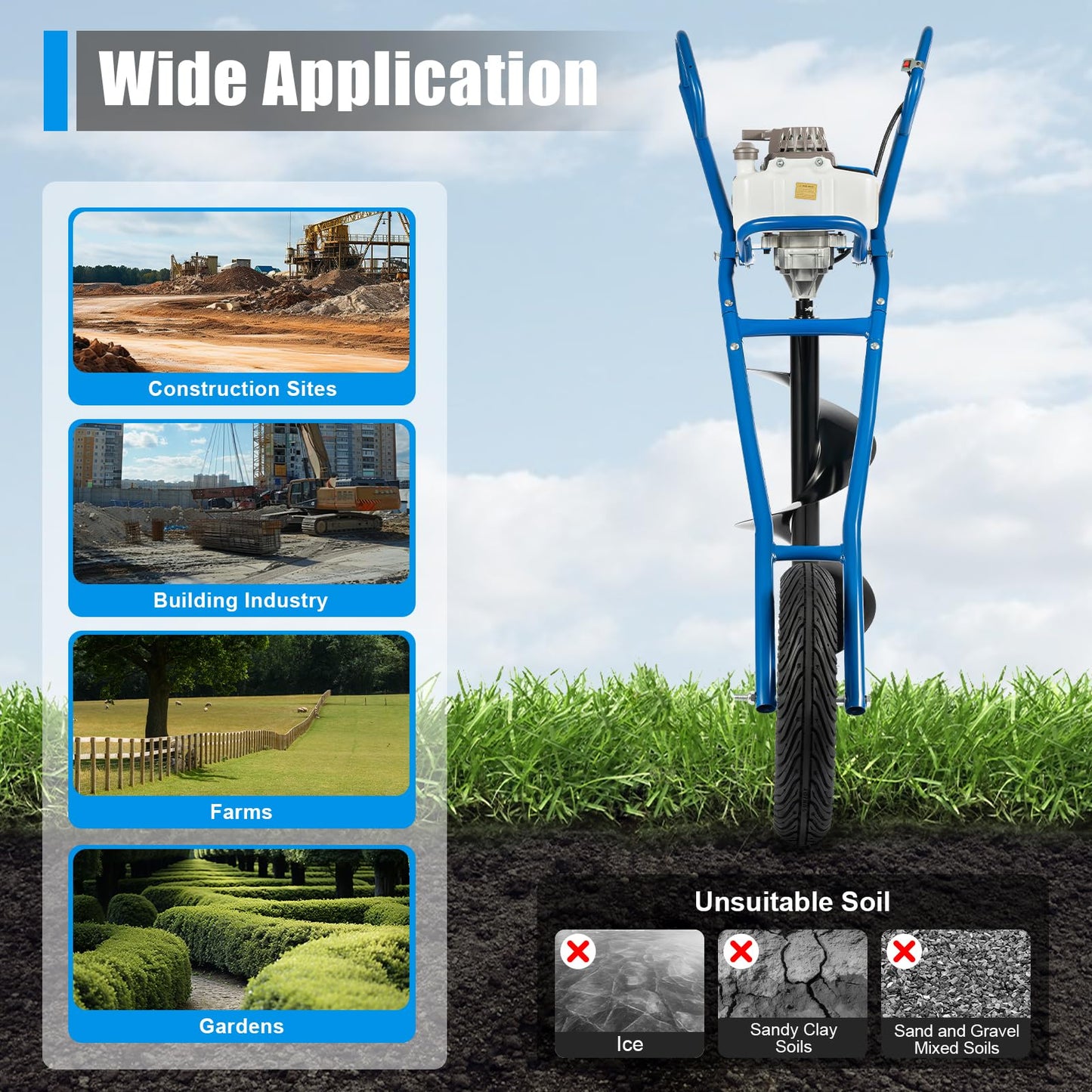 63CC 2-Stroke Gas Powered Earth Auger Post Hole Digger with 11.81" Drill, 3HP Hole Digging Machine Auger Spiral Drill Bit Borer Fence Ground Drill for Garden & Lawn Digging Planting Drilling (Blue)