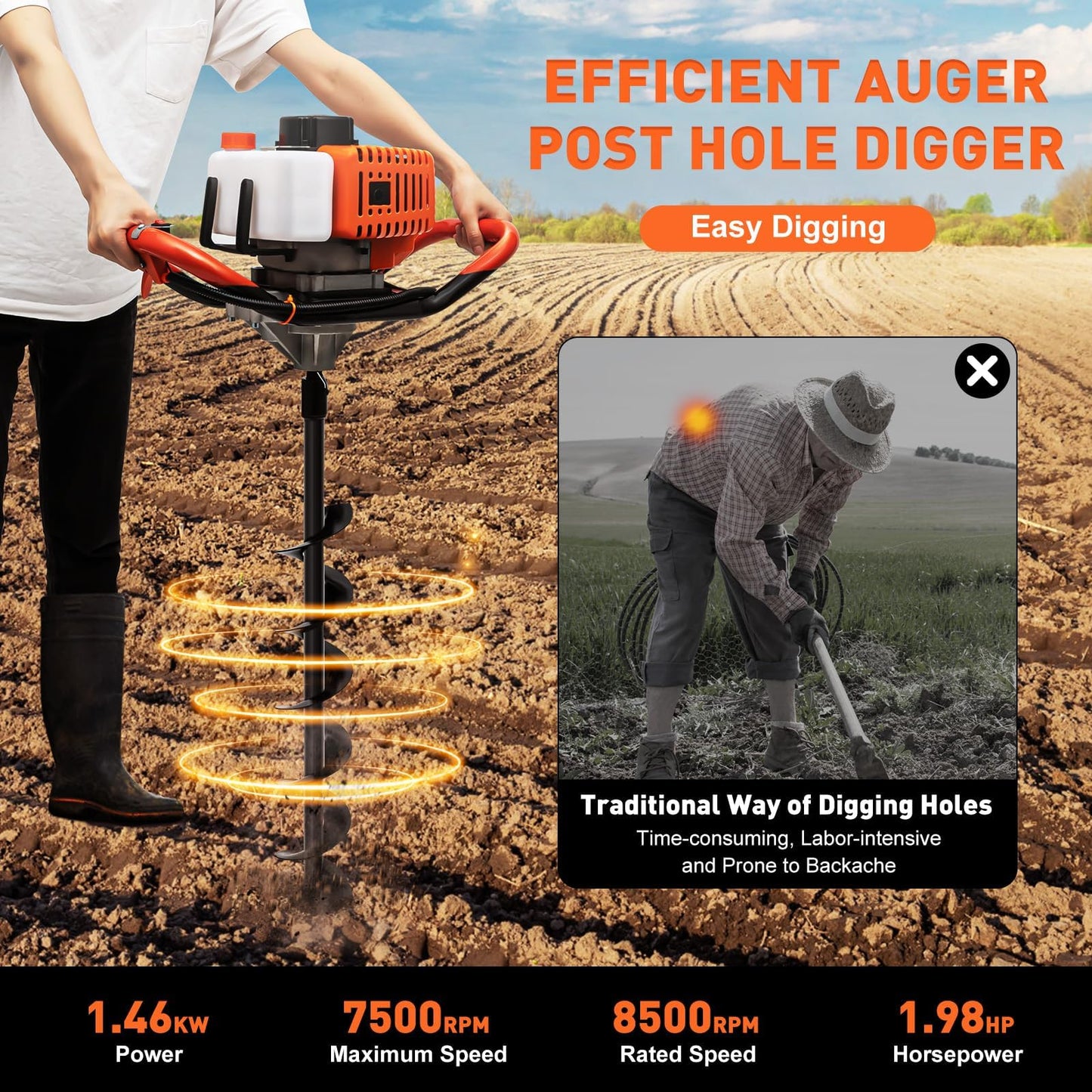 52CC Post Hole Digger Gas Powered, 1.98HP 2 Stroke Auger Post Hole Digger with 3 Drill Bits (4"/6"/8") + 1 Extension Rod for Planting - Ideal for Farm & Garden - Orange-[Arrives in Two Boxes]