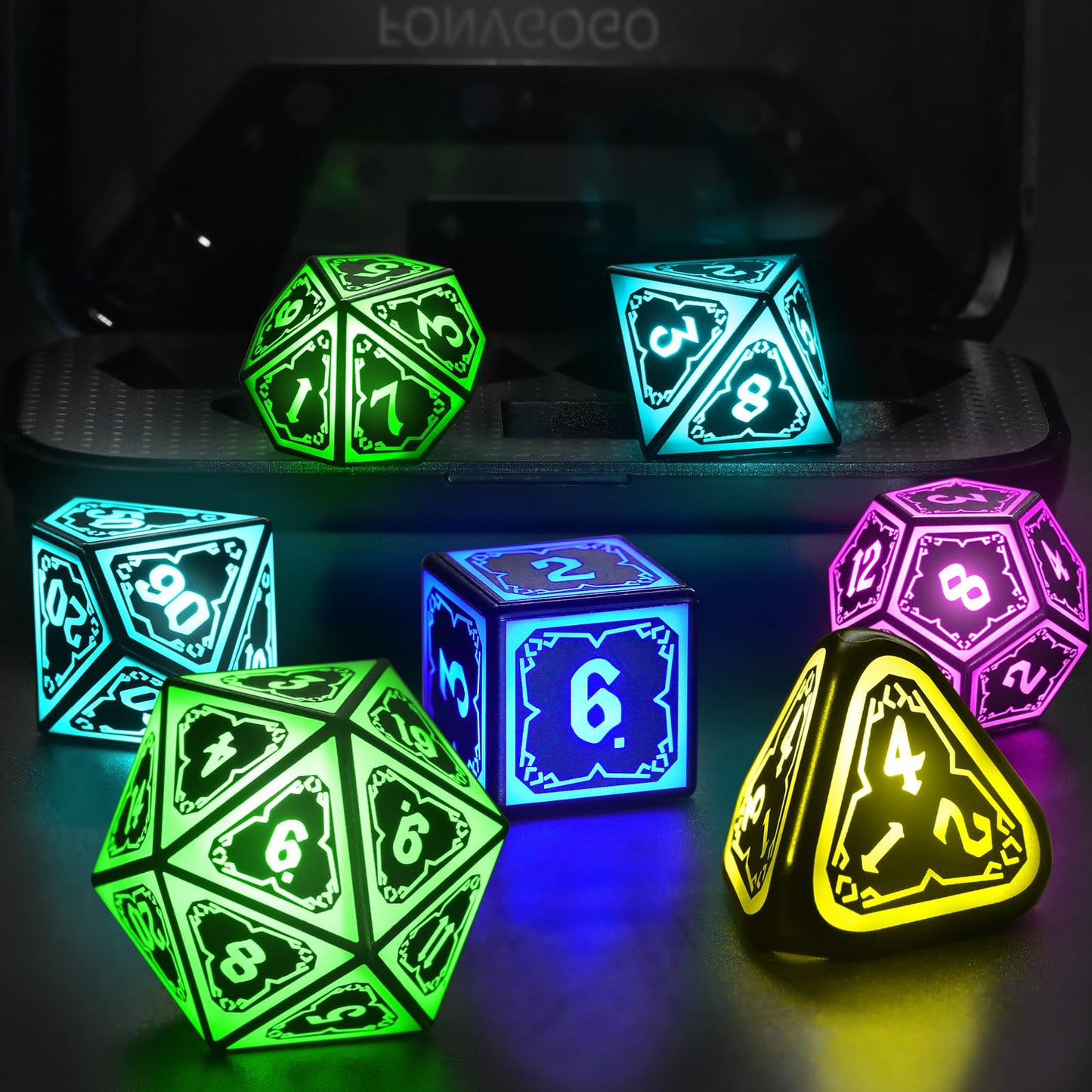 FONVGOGO Wireless Light Up Dice Set D and D RGB for Dungeons and Dragons,Cool LED DND Dice with Charging Box Rechargeable 7 Color Polyhedral Role Playing Dice for DND Gifts RPG(Astral Shard Black)