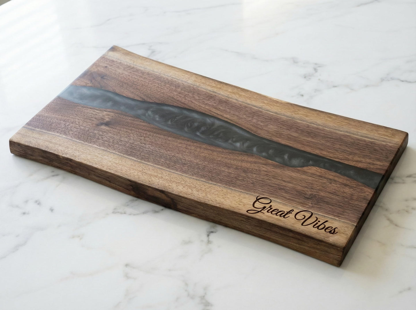 DYARI Black Walnut & Resin River Charcuterie Board 17.5" - Live Edge Wood Serving Platter - Personalized Epoxy Cheese Board with Optional Handles & Engraving - Custom Wedding & Housewarming Gift