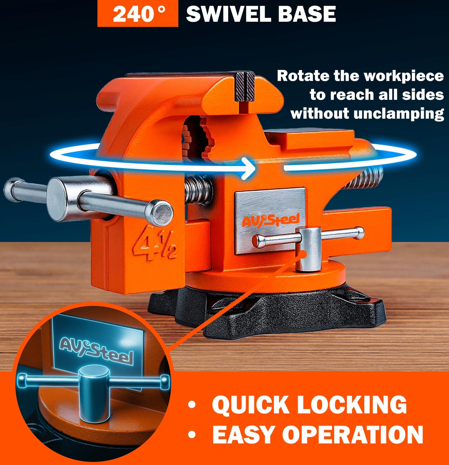 AV Steel 4-1/2" Bench Vise with 240° Flexible Swivel Locking Base and Anvil, High-Strength Multi-Purpose Workbench Vise Heavy-Duty, Cast Iron Workbench for Woodworking, Drilling, Pipe Cutting