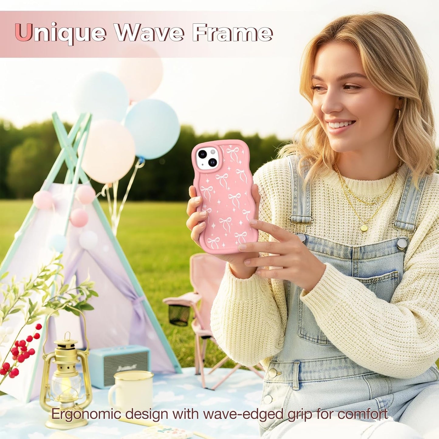 CASBST 15 15 Compatible with iPhone Case for Women Girls, Curly Wavy Frame with Cute Pattern, Aesthetic Slim Soft