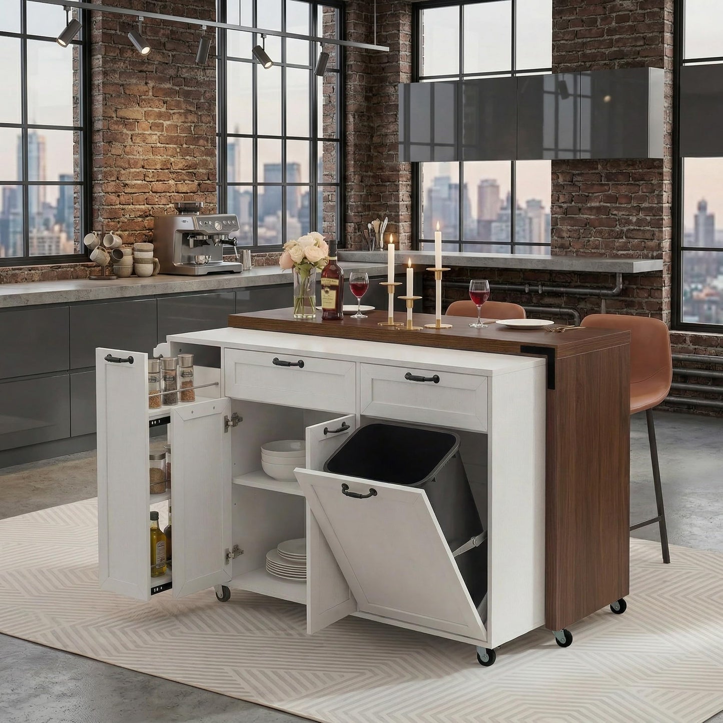 Casaphoria 102.3" Extendable Kitchen Island on Wheels, Rolling Kitchen Cart with Tilt-Out Trash Can Cabinet & 3-Tier Spice Rack, Mobile Drop Leaf Dining Table Prep Station for Small Spaces, White