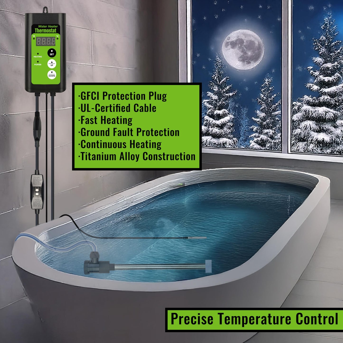 LINGLONGTEMP 240V 3000W Titanium Submersible, Immersion Hot Tub & Swimming Pool Electric Immersion Water Heater, with Temp Control & GFCI for Baptistry, Above Ground Pool, Bathtub & Inflatable Pool