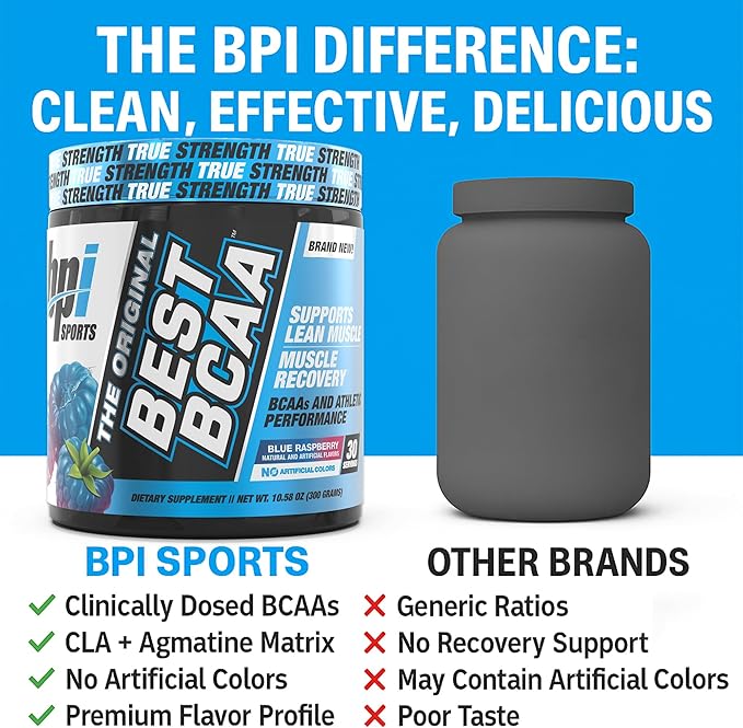 BPI Sports Best BCAA Powder - Muscle Recovery Support - Branched Chain Amino Acids | Building Blocks of Protein and Muscle - Post Workout Recovery ??Hydration - Blue Raspberry, 30 Servings