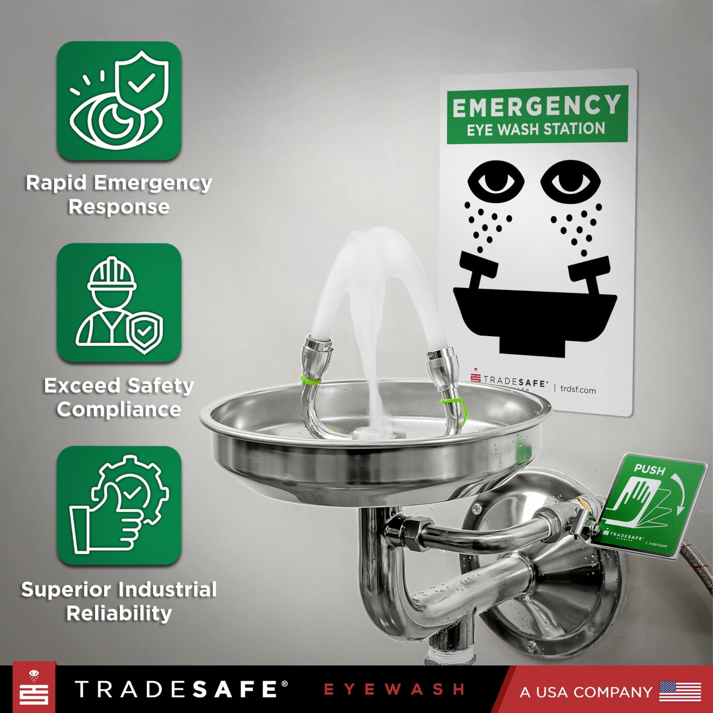 TRADESAFE Eye Wash Station OSHA Approved - Wall Mounted Emergency Eye Wash Station, Stainless Steel Eyewash Station, Aluminum Eye Wash Station Sign Included
