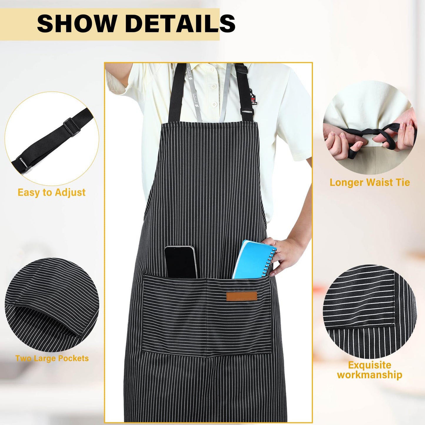 Handepo 4 Pcs Kitchen Aprons with Pockets Adjustable Waterproof Cotton Aprons Striped Apron for Women Men Chef Gift for Dad(Narrow Stripes,Black)