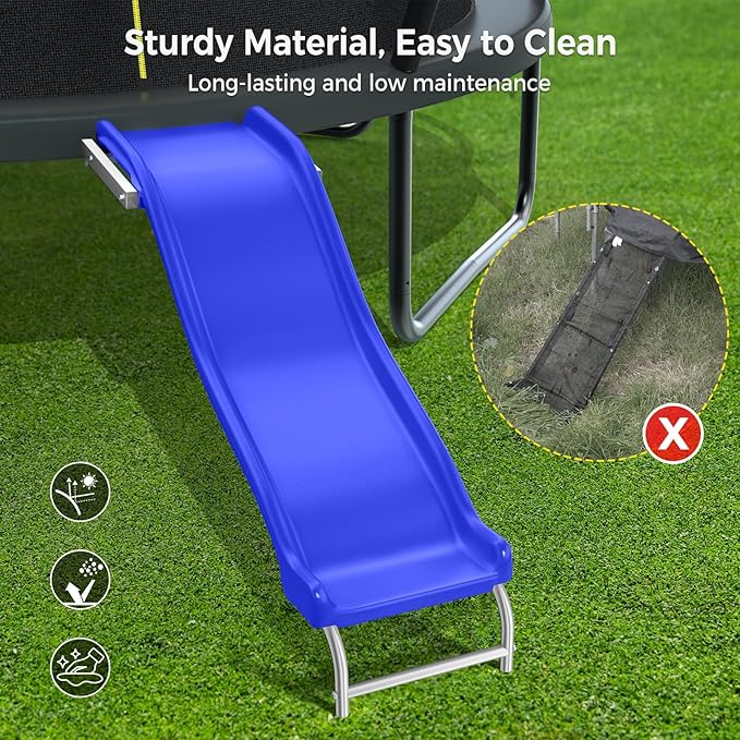 Heavy Duty Plastic Trampoline Slide with Support Frame for 8-16FT, Outdoor Plastic Slide for Trampoline, Adjustable Safer Trampoline Ladder for Kids 6+, 220 LBs Capacity, Blue