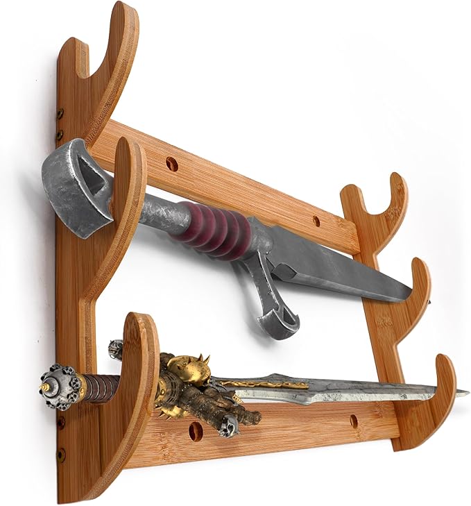 Wall Sword Holder 3 Tier - Bamboo Katana Wall Mount - Sword Mount for Secure Blade Display - Protects Swords, Easy Installation, Space-Saving Design for Home Decor