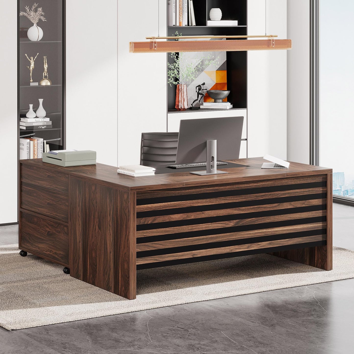 Tribesigns 62.2" Executive Desk with Mobile File Cabinet, L-Shaped Office Desk with Storage Shelves, Large Computer Table Business Workstation Set for Home Office, Dark Brown