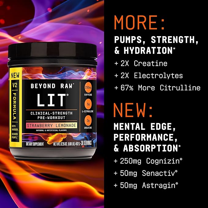 BEYOND RAW LIT V2 Clinical Strength Pre Workout Powder, Hits Harder, Bigger Pumps, Caffeine, L-Citrulline, Creatine, Strawberry Lemonade, 30 Servings