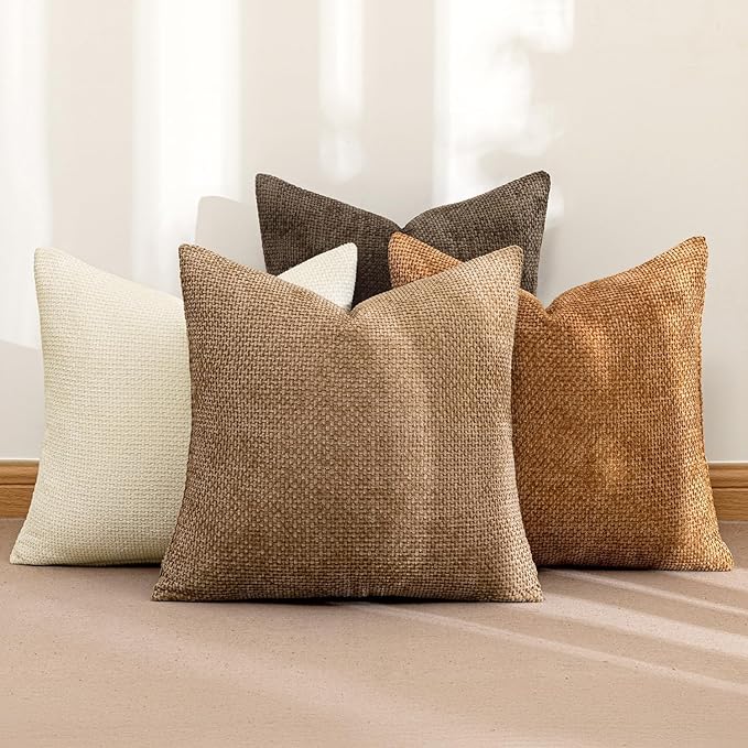 MIULEE Pack of 4 Brown Couch Throw Pillow Covers 22x22 Inch Soft Decorative Chenille Pillows Farmhouse Accent Cushions for Boho Home Decor Spring Sofa Bedroom Living Room