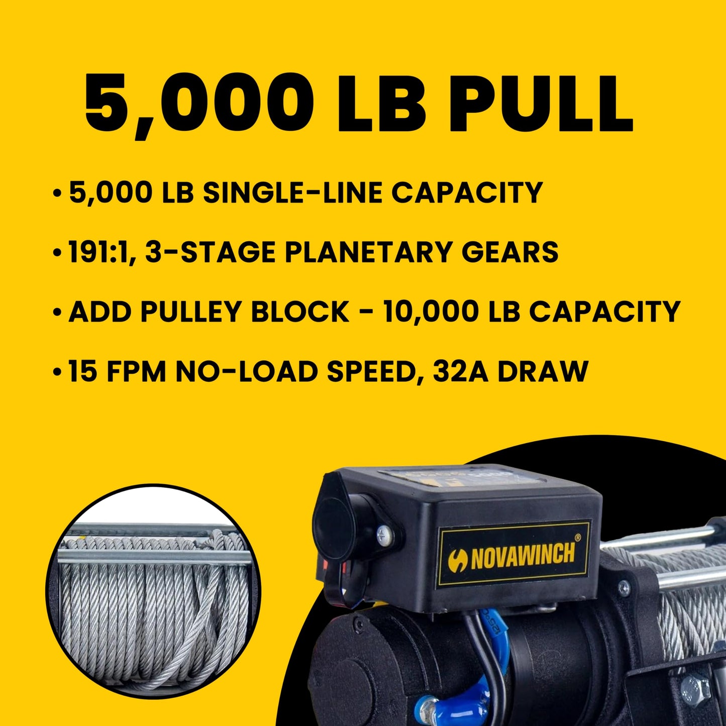 Novawinch Flex 5000 lb Trailer Winch 12V Electric - IP68 Sealed Planetary Gearbox, Wire Rope, Auto Load-Holding Brake, Waterproof Remote - Flatbed, Boat Trailer, Equipment Hauler, Car Hauler, SAE