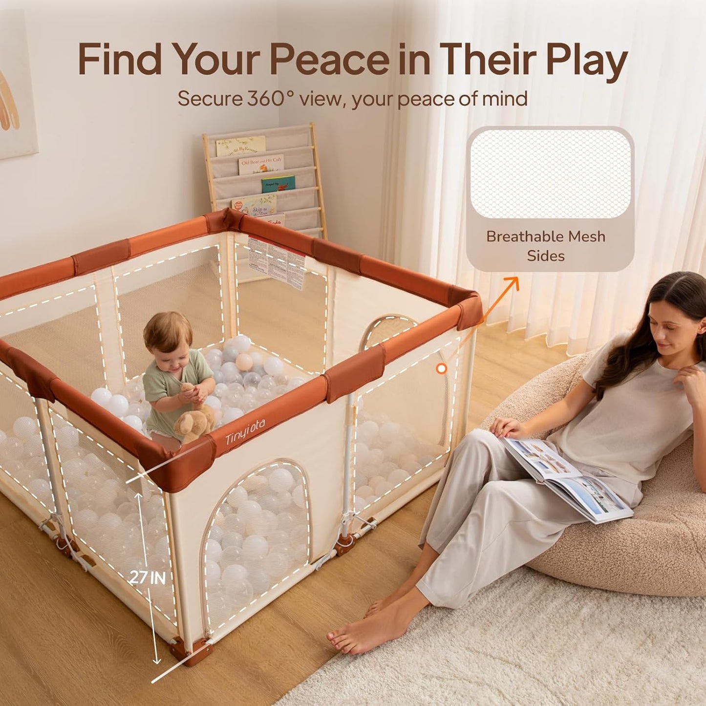 Tinyiota Foldable Baby Playpen - 50x50 Inch Portable Play Yard with Soft Mesh & Storage Bag (Brown)