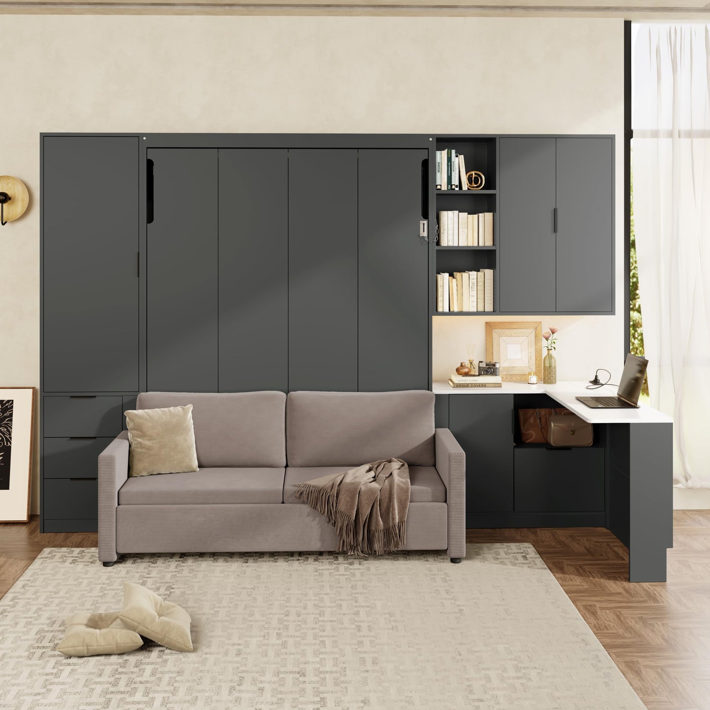 Merax Queen Size Wood Murphy Bed with Upholstered Sofa & Desk, Multifunctional Foldable Wall Platform Bed w/USB Charging Station for Guest-Room, Bedroom, Space Saving, Gray +Beige