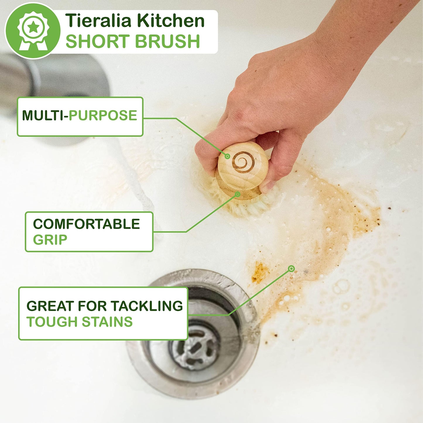 Tieralia Bamboo Dish Brush Gift Set – 5-Piece Kitchen Cleaning Set with Bottle Brush, Round Scrub Brush, Palm Brush & 2 Plant-Based Sponges | Wooden Handle Cleaning Tools for Dishes & Surfaces