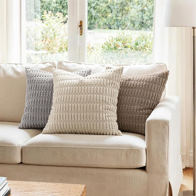 MIULEE Pack of 2 Corduroy Decorative Euro Sham Throw Pillow Covers 24x24 Inch Soft Boho Striped Pillow Covers Modern Farmhouse Home Decor for Sofa Living Room Couch Bed Light Grey