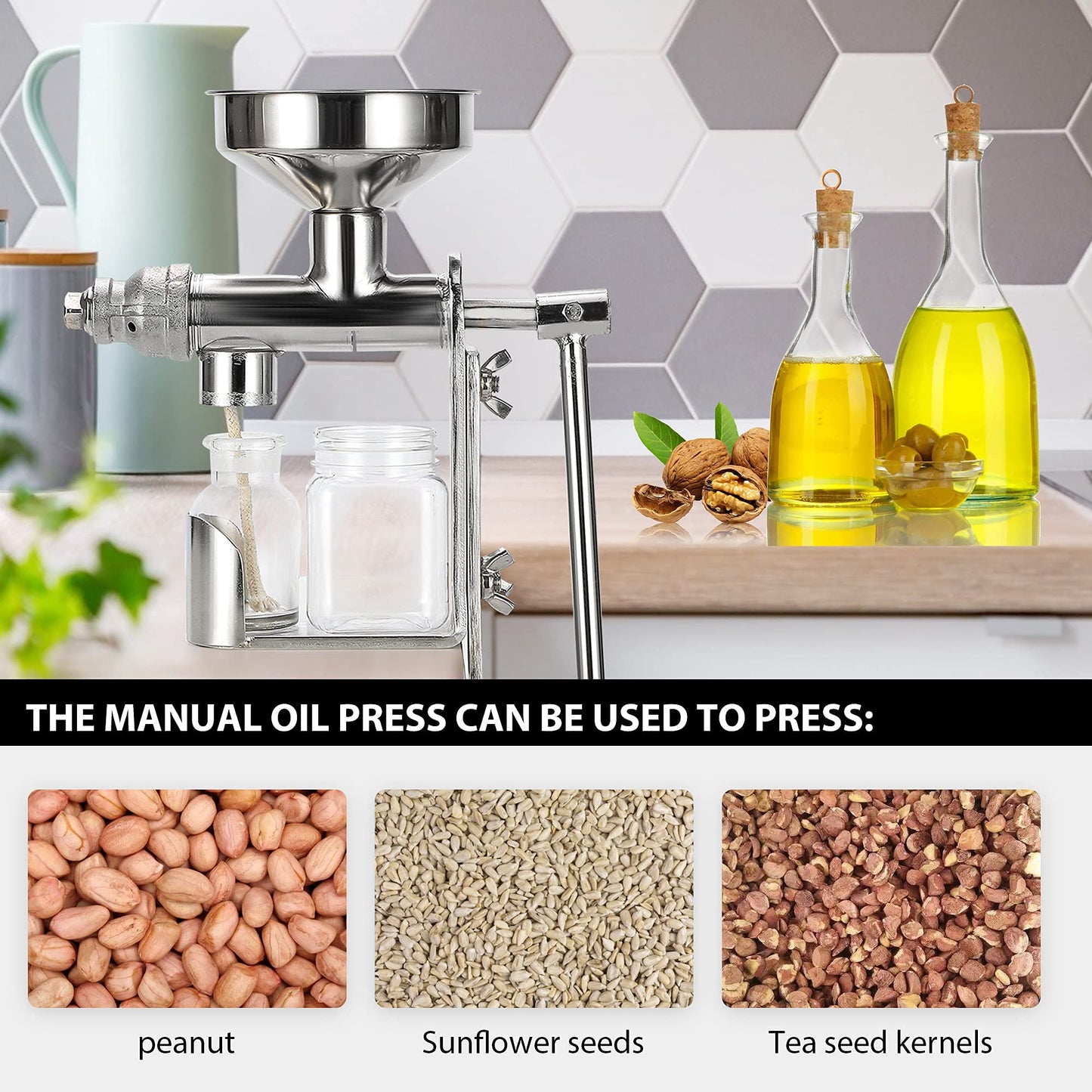 CGOLDENWALL Manual Oil Press Machine Household Seed Oil Press Extractor Peanut Nuts Oil Expeller for Physical Press and Continuous Expelling