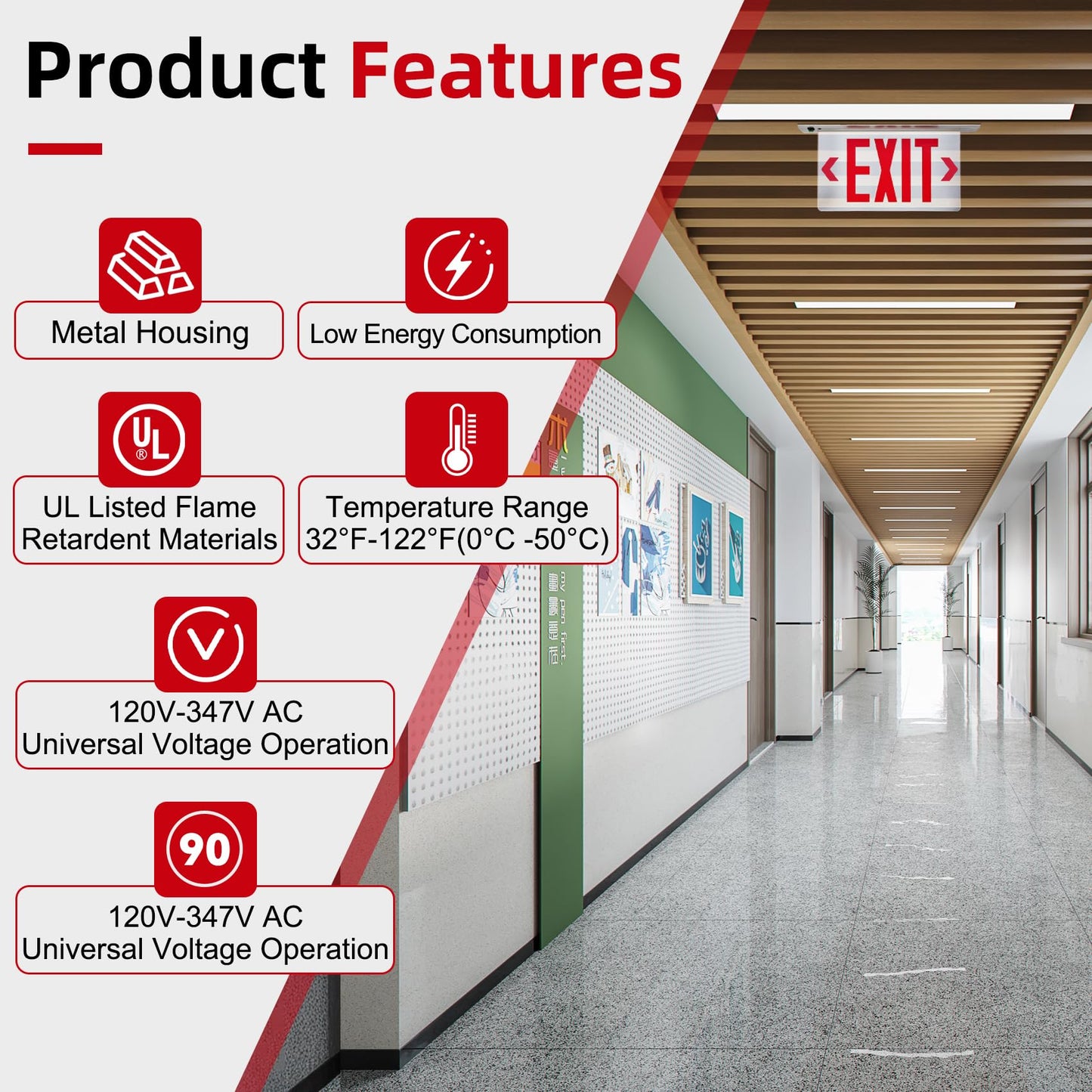 LED Exit Sign LED Edge-Lit Exit Sign Emergency Light, 120-347V, Recessed Mount Emergency Light, Aluminum Housing, Single Face Acrylic Panel, Red Letters, with Battery Backup