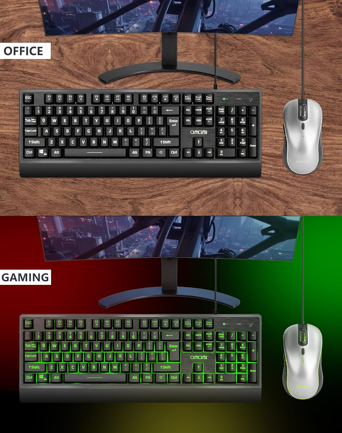 CHONCHOW 12 PS5 USB Wired Keyboard and Mouse Combo with Red-Yellow-Green LED, Silent Gaming Keyboard with Mulitmedia