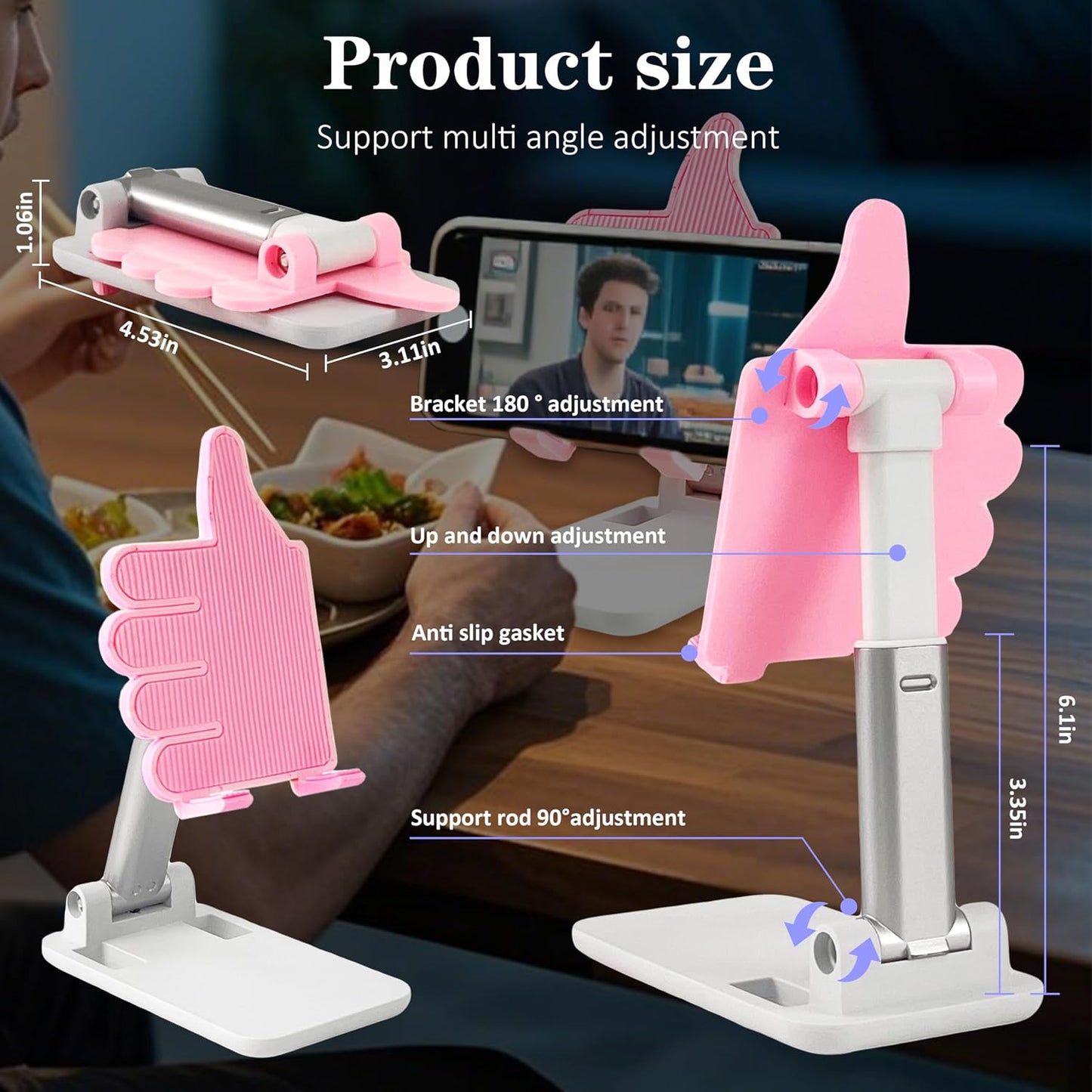 Beiskll 2 Pack Mother's Day Black&Pink Thumbs Up Foldable Cell Phone Stand Holder for Desk,Adjustable Silicone