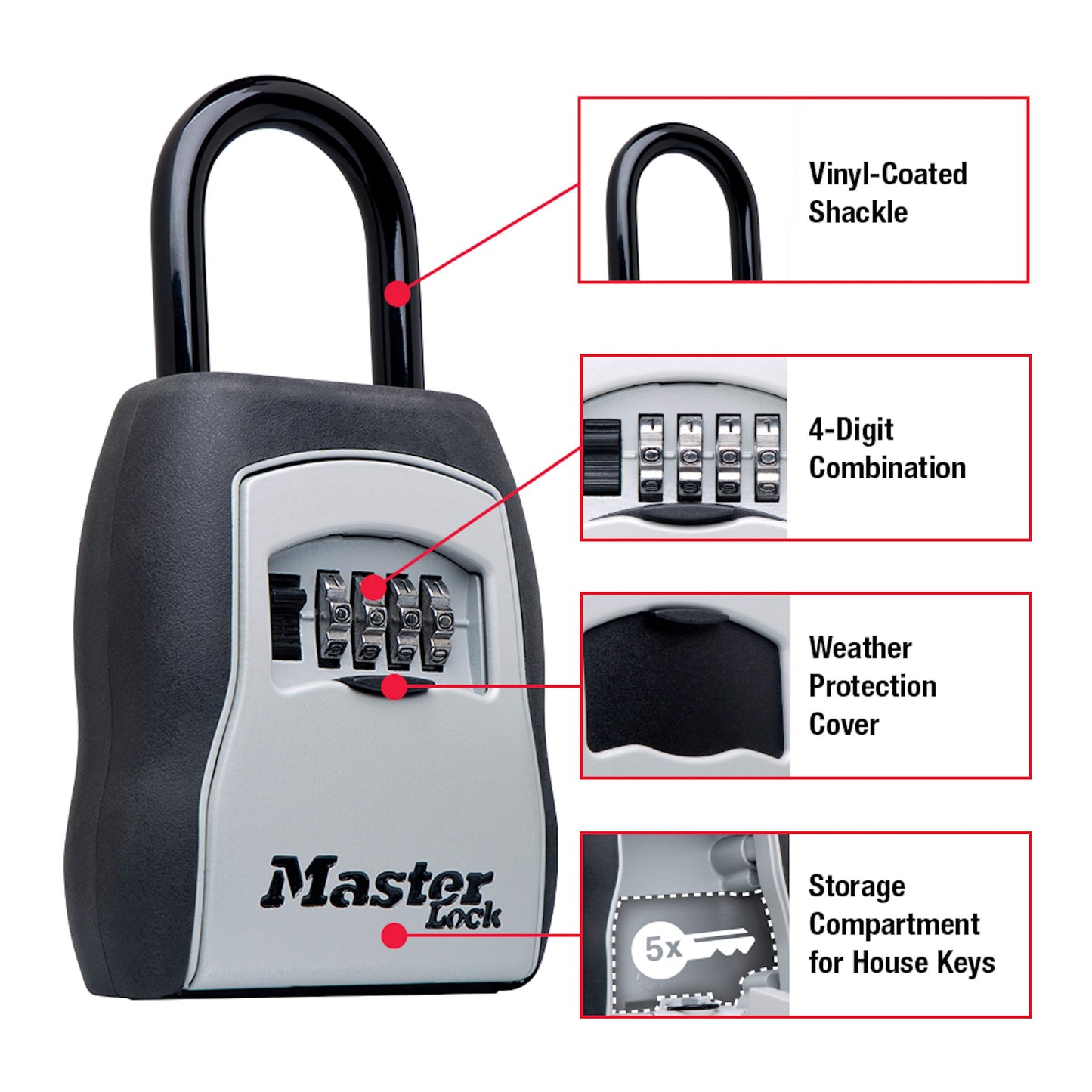 Master Lock Key Lock Box for House Keys – Outdoor Portable Combination Lockbox with Resettable 4 Digit Code, Weather Resistant Durable Metal Body, Holds 5 Keys, 5400EC5, Black, 5 Pack