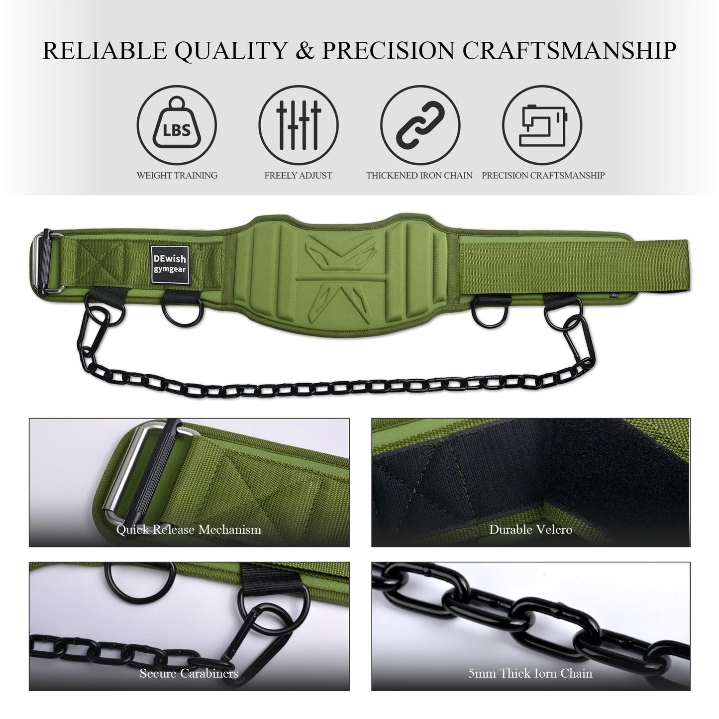 2-in-1 Weightlifting Belt & Dip Belt with 41 IN Steel Chain for Pull Up,Added Weight Training (Military Green, L(35"-39"))