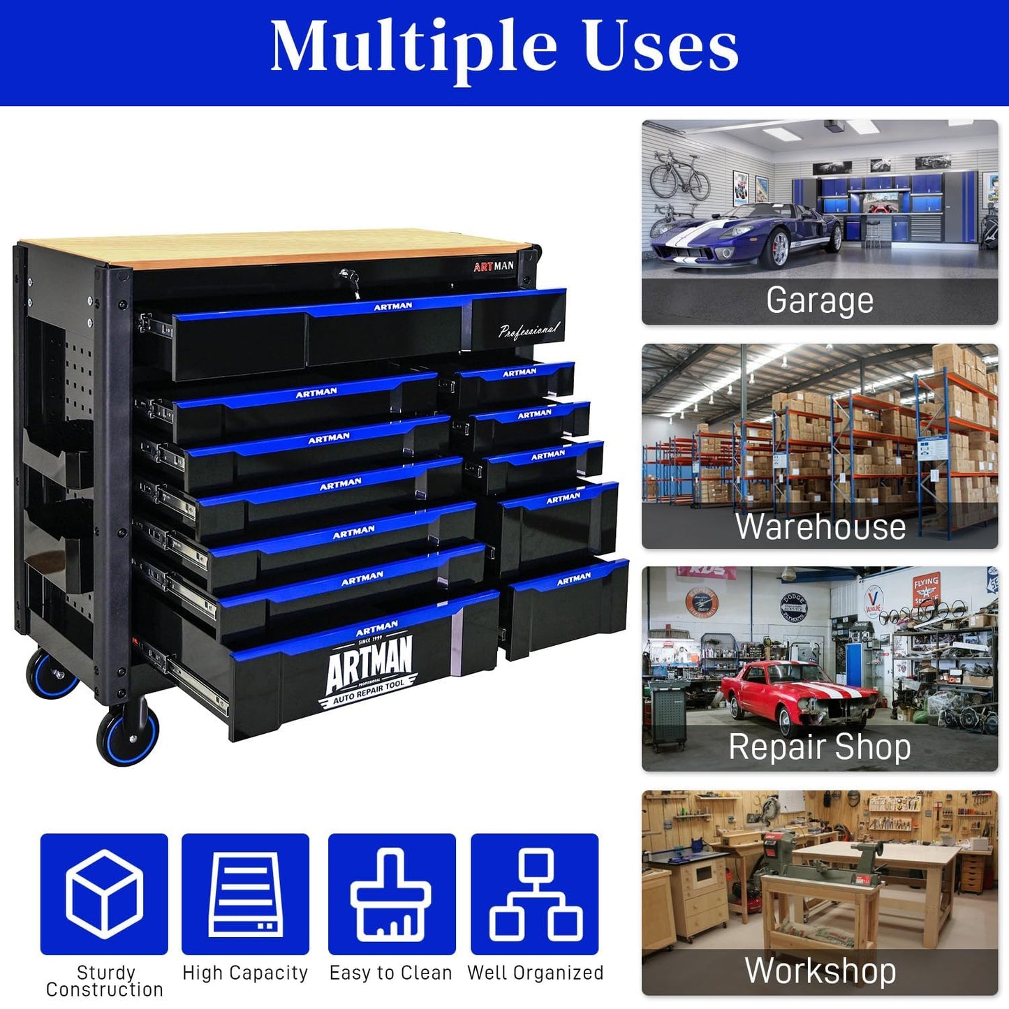Heavy Duty Rolling Tool Chest with 12-Drawer Tool Cart Mechanic Tool Box with Wheels Tool Storage Cabinet Mobile Workbench Tool Bench for Garage, Workshop, Warehouse, Repair Shop, Wood Top