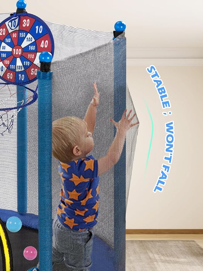 BLUERISE Trampoline 55IN 6FT Toddler Trampoline for Kids Indoor Outdoor Play for Kids Trampoline Basketball Hoop Attachment with Enclosure Net Easy to Assemble Outdoor Indoor Trampoline