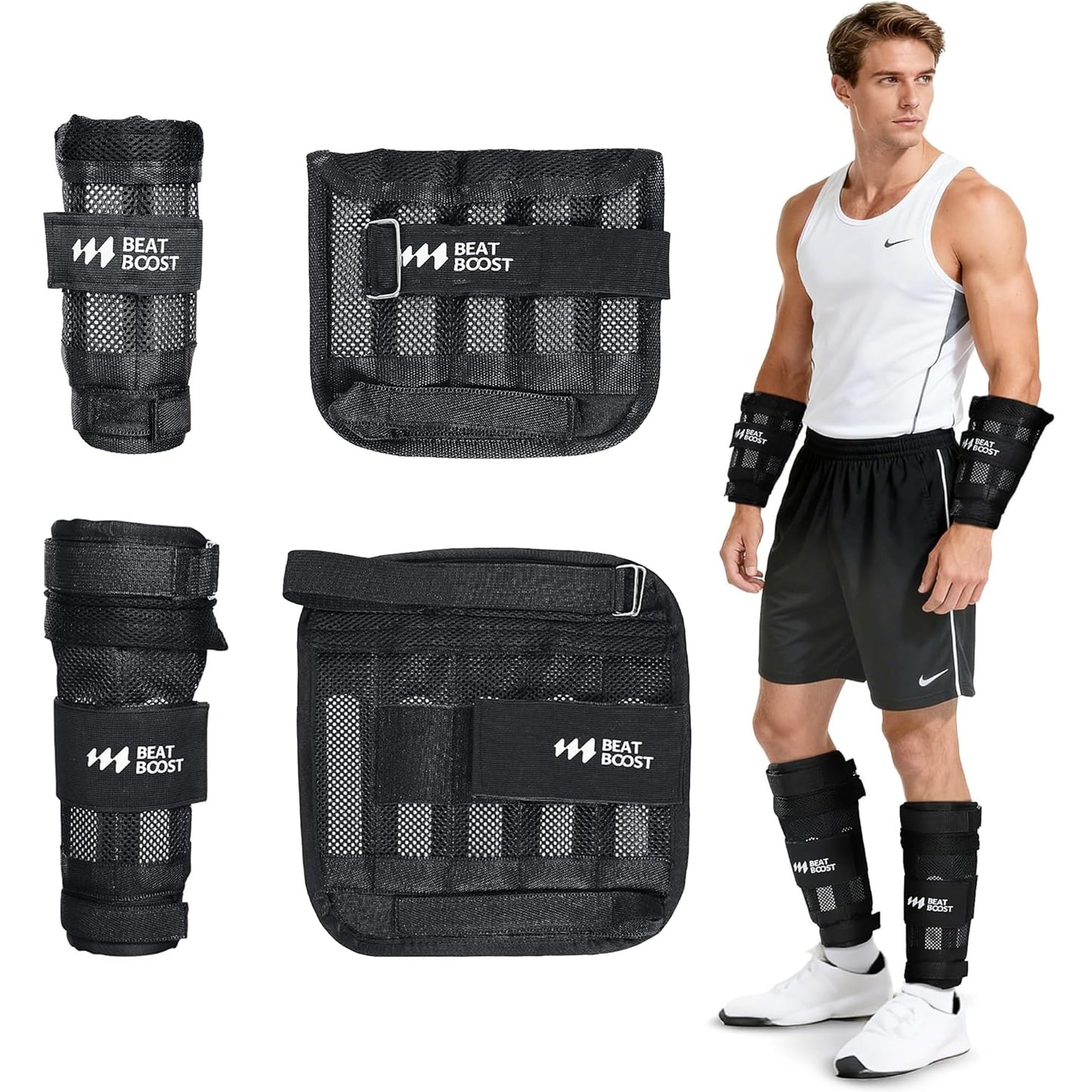 BeatBoost Ankle Wrist Weights 10lb Adjustable Leg Arm Weights for Men Walking Pilates Exercise Workout Gym Aerobics