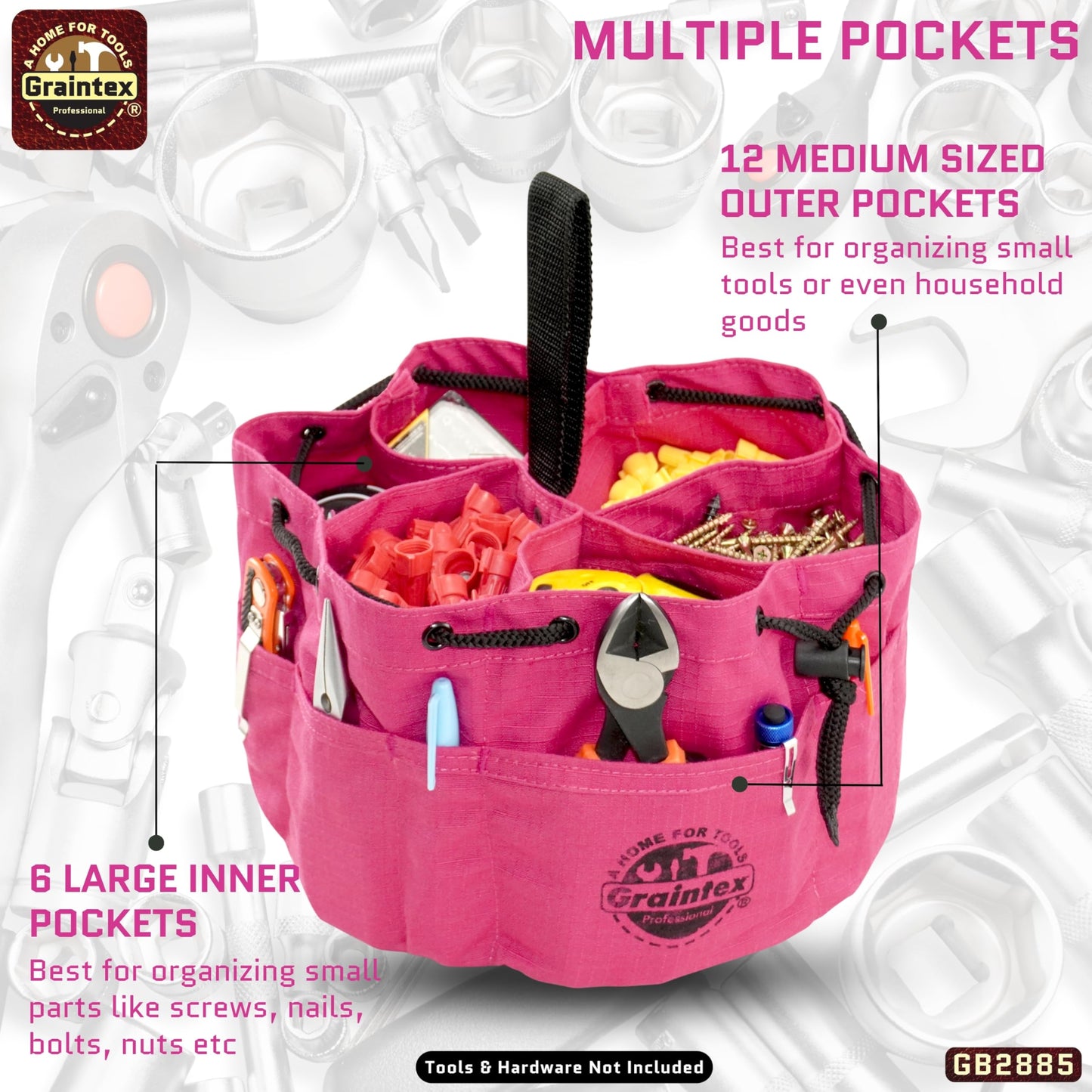 Graintex 18 Pockets Grab Bag Rip-stop Canvas Drawstring Closure, Small Part Organizer Pouch, Small Tools, Screws, Parts, Parachute Tool Bag for Efficient Storage - Pink