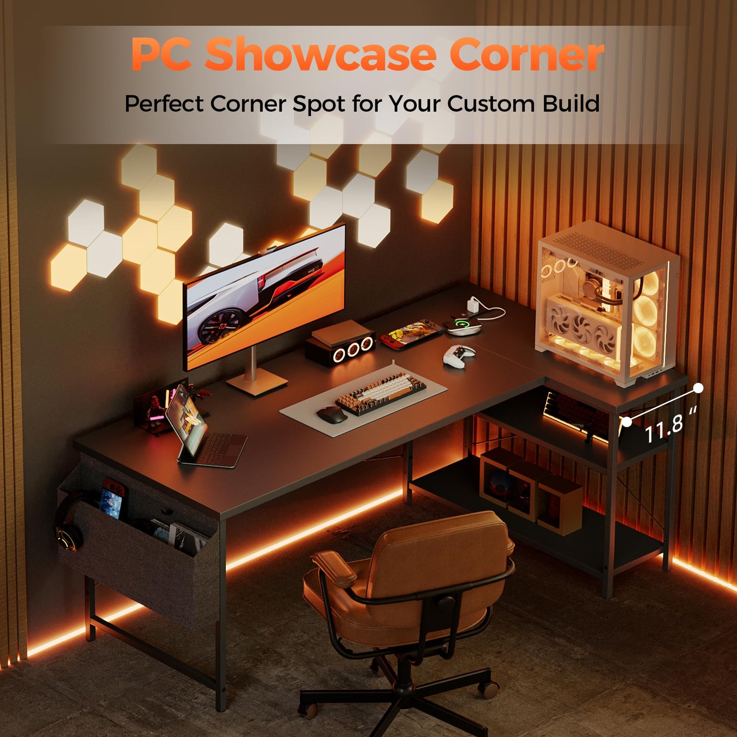 Mericonia Small L Shaped Computer Desk with Power Outlets, Reversible Gaming Desk with Storage Shelves, Corner Gamer Desk Table, Study Writing Table