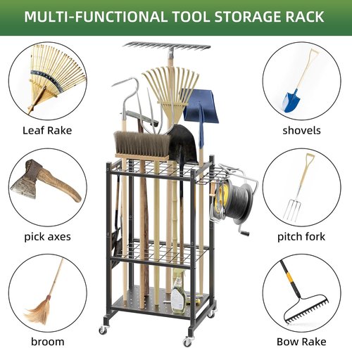 LAKEMID Garden Tool Organizer Stand - Mobile Tool Rack with 2 Hooks for Up to 42 Tools | Perfect for Garage & Outdoor Use