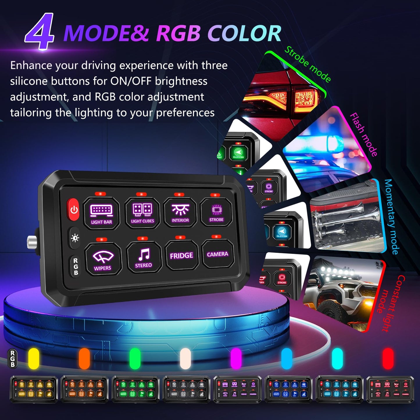 Chelhead 8 Gang RGB Switch Panel 12V Switch Toggle Momentary Pulsed 8 Circuit Control Relay Waterproof Compatible with Bus Car UTV ATV SUV Jeep Golf Cart Off-Road