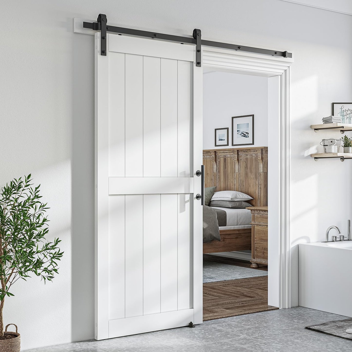 SmartStandard 36 x 84 inch White Sliding MDF Barn Door with 6.6FT Black Sliding Door Hardware Kit & Handle, Pre-Drilled Ready to Assemble, Waterproof PVC Coating, H-Frame