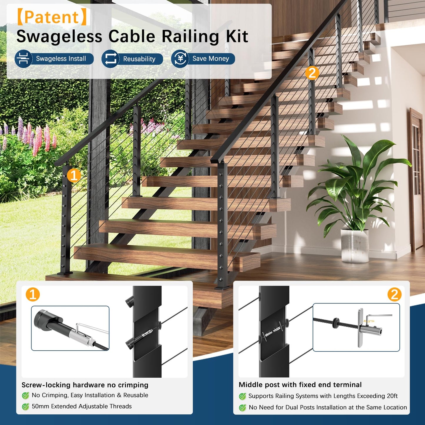 Gyykzz 4-12FT Swageless Black Stair Cable Railing Kit 36Inch 2 Stair Post Kit Fit 28-38 Degree Stairway, Cable Railing System with Patent Terminal for Staircase, Railing Kit Length Adjustable Easy DIY