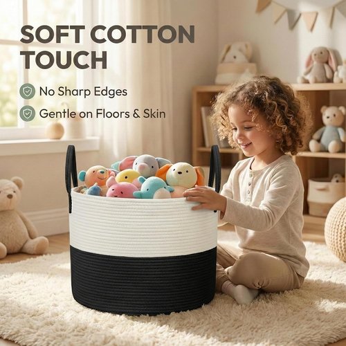 JMvicyroam Extra Large Blanket Basket - Woven Cotton Rope Laundry Hamper with Reinforced Handles | White & Black
