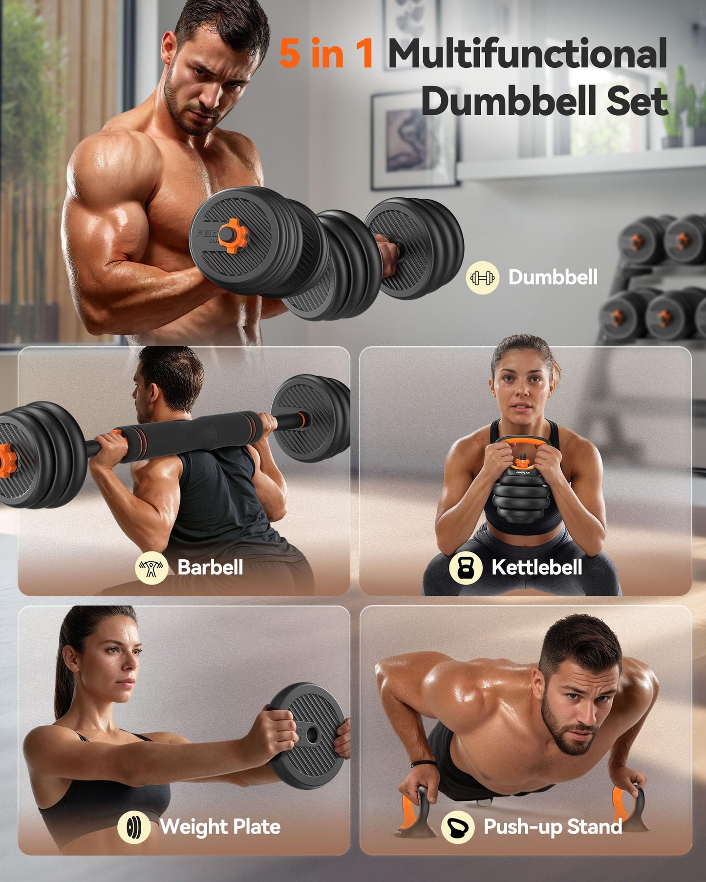 FEIERDUN Adjustable Dumbbells, 50lbs Free Weight Set with Connector, 4 in1 Dumbbells Set Used as Barbell, Kettlebells, Push up Stand, Fitness Exercises for Home Gym Suitable Men/Women
