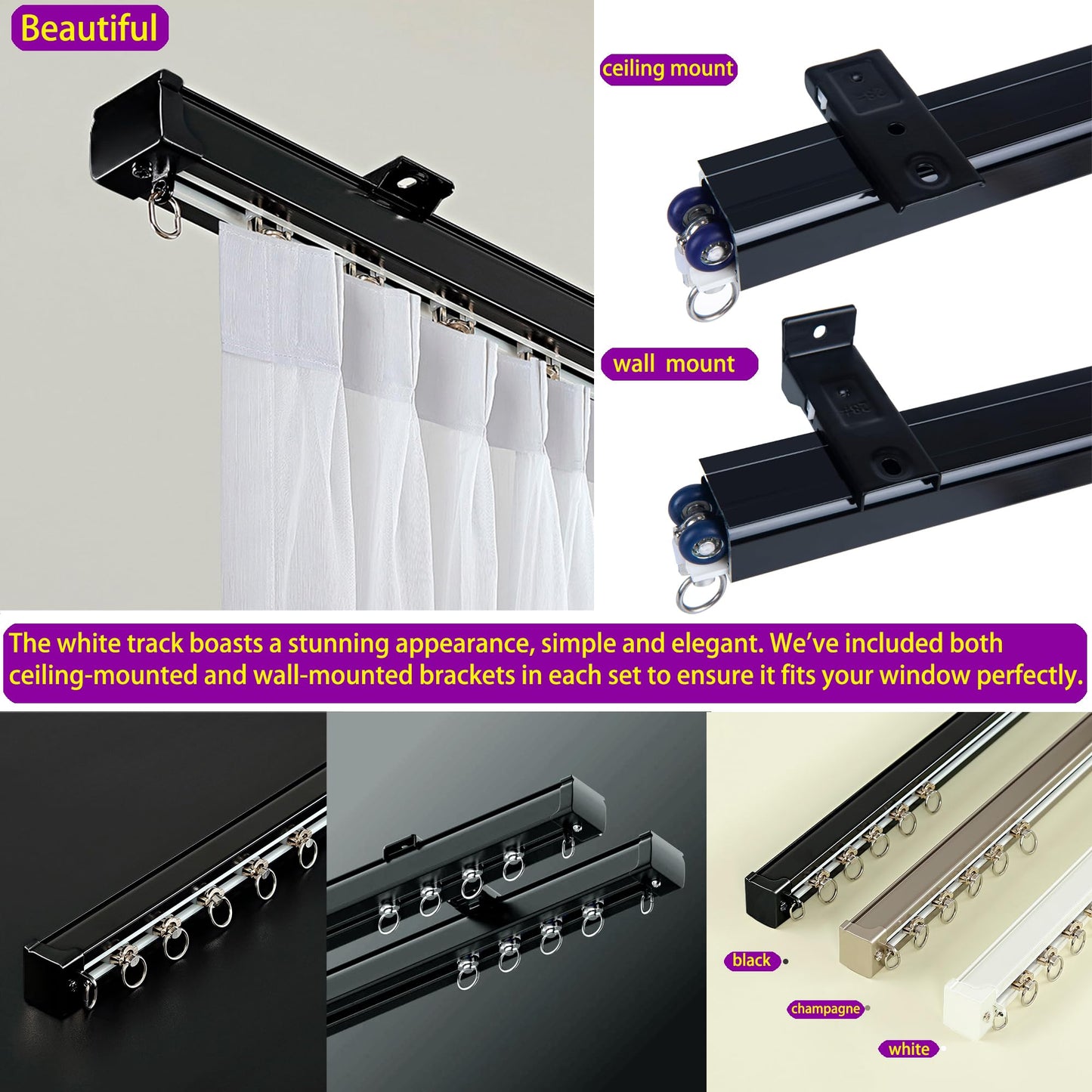 Ceiling Curtain Tracks Wall Mounting Curtain Rails Room Divider Sliding Curtain Rail With Silent Bearing Pulley (Black-2M(1M*2）)