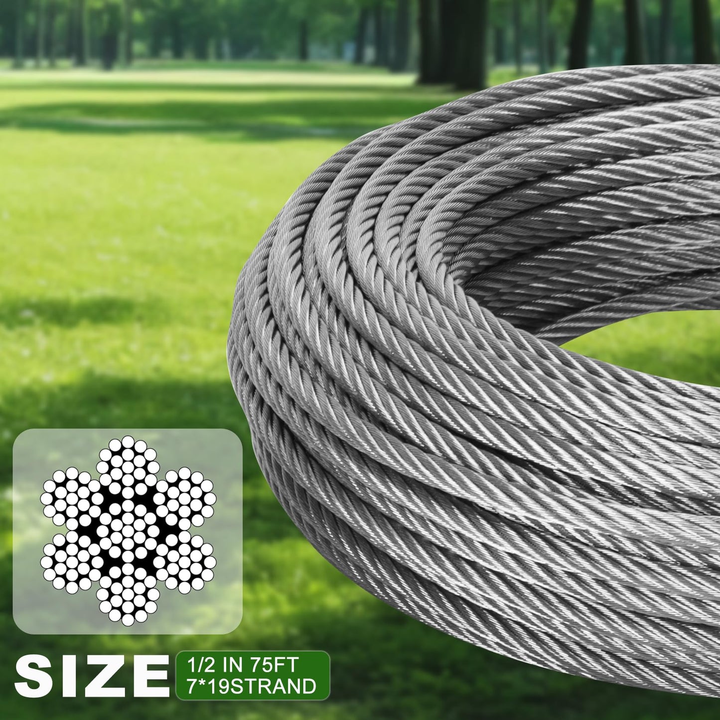 Mariocsa 1/2" Stainless Steel Cable 75FT, 7x19 Strands Wire Rope Cable with 23000 lbs Breaking Strength, Stainless Steel Wire Rope with M12 Clips Clamp and Thimbles for Boat Lift Cable, Winch Cable