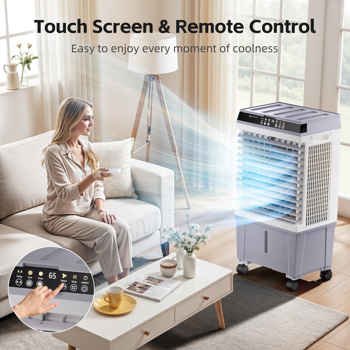 AKIRES 1800CFM Swamp Cooler,3-IN-1 Evaporative Air Cooler with 5.3 Gal Water Tank,6 Ice Packs,Evaporative Cooler with 12H Timer,2 Modes,3 Speeds,120°Oscillation，Cooling Fan for Indoor,Outdoor(32IN)