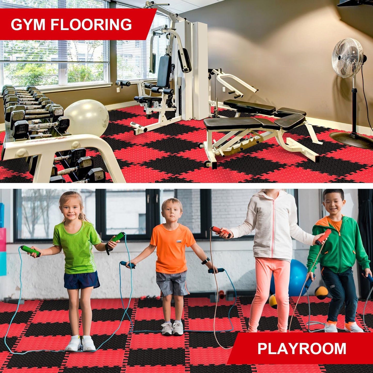 Ecally 100 Pcs 12 x 12 Gym Mat Foam Floor Mats for Home Gym Covers 96 Sq Ft Puzzle Exercise Square Interlocking Carpet Tiles with Border for Workouts Equipment Yoga Pilates (Black,Red)
