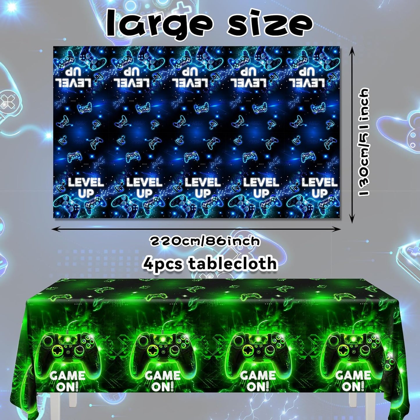 Skiennix Video Game Tablecloth - Neon Gaming Design for Boys & Girls | 4-Pack Rectangle Party Decor