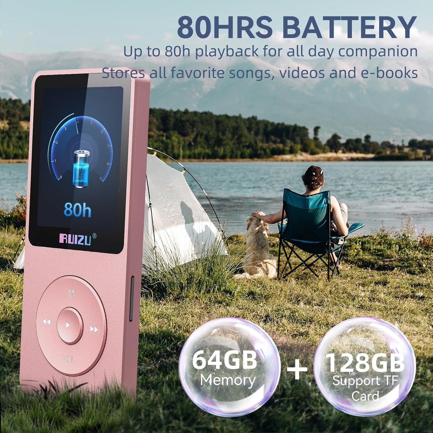 RUIZU 64GB MP3 5.3, 1.8" 80H 128GB Player with Bluetooth Screen Portable Music Player, FM Radio, Voice Recording