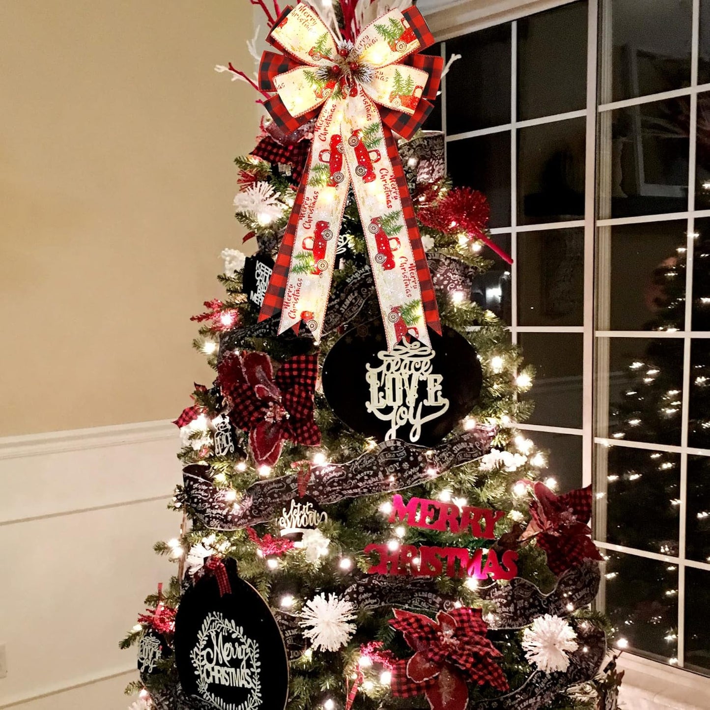 Regine Switzerland Christmas Tree Topper Bow - 30 LED Lights, Large 13”x25” Red Black Buffalo Plaid Design